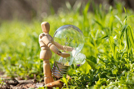 A small wooden man holds an incandescent light bulb on the grass in parks in Ukraine , electricityの写真素材