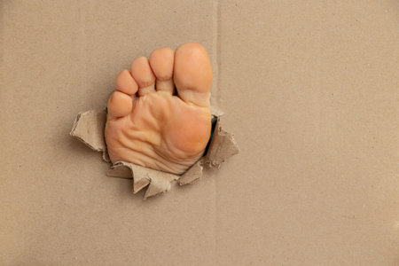A woman's foot crawled out of a hole in cardboard, female footの写真素材