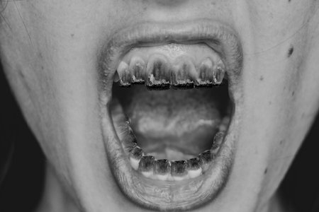 Open mouth of a girl with a lit cigarette instead of teeth black and white photo, the harm of...