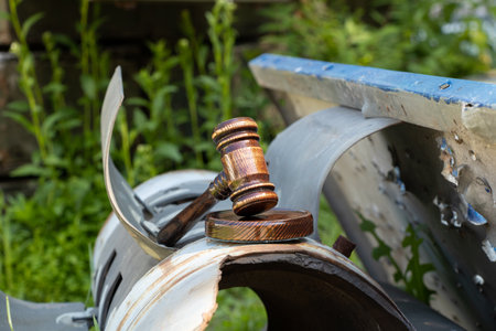 The judge's gavel lies on the blown up Russian shells on Ukrainian soil, a military court, an attack, to judge military criminalsの写真素材