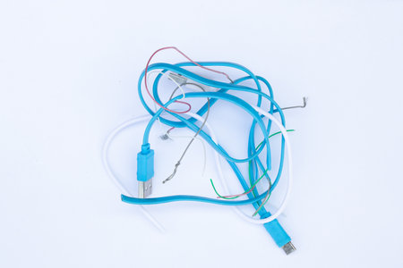 heap of cut usb wires on white background