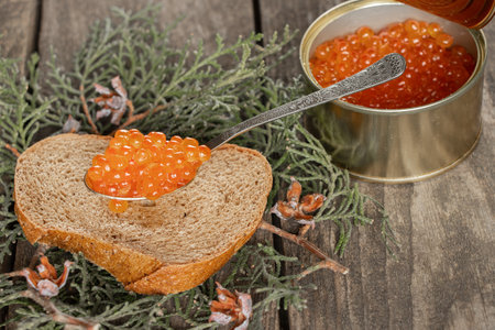 a piece of black bread with red caviar lies on a wooden table in the kitchenの写真素材