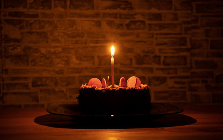 birthday cake with one burning candle in the dark, holidayの写真素材