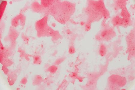 Red water stains and raspberries on a white plate as a background, a red-white background close-upの写真素材