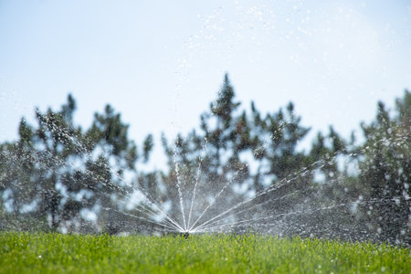 Watering the lawn in the park in the summer in the sun in Ukraine, green grassの写真素材