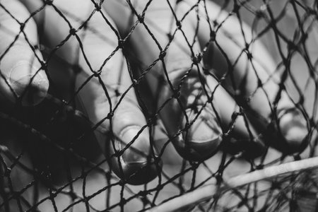 Man's hand in a grid close-up black and white photoの写真素材