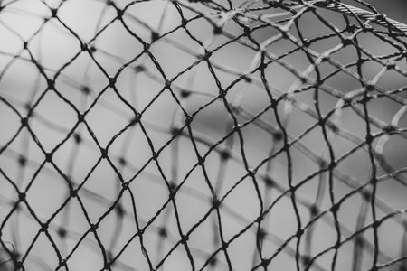 Fishing net close-up as a background for fishing black and white photoの写真素材