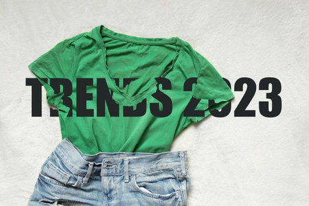 Green t-shirt and denim shorts on white fabric and text 2023 trends, fashion and casual wear, flat...