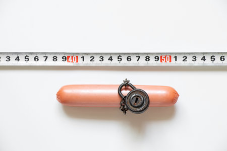 Sausage on a chain under lock and key and next to it lies a centimeter tape on a white background in the sun, rejection of unhealthy food, diet and overweightの写真素材