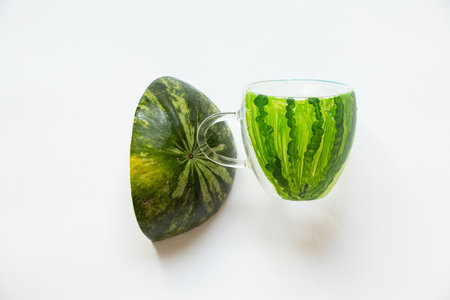 A cup with a drawn watermelon and a sliced watermelon next to it from the city of Kherson in Ukraine on a white backgroundの写真素材