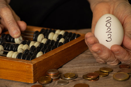 An egg with the inscription 2023 lies in a hand on a table next to bills and coins, final results, financeの写真素材