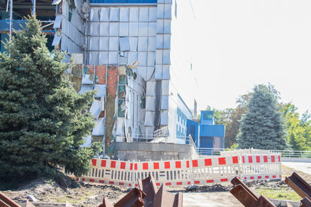 Russian missiles attacked the swimming pool building in the city of Dnipro in Ukraine, the bombed near the swimming pool building on August 15, 2023の写真素材