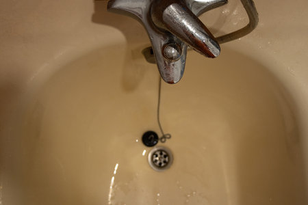Drain and faucet with shower in an old dirty bathroom in an apartment close-upの写真素材