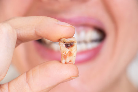 A girl in her hand holds a pulled out tooth with a black hole in the middle of the tooth close-up, a...