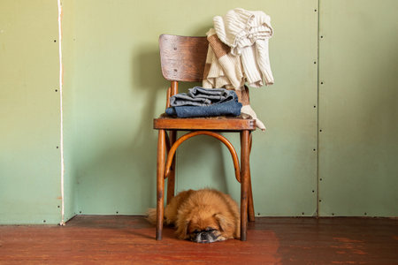 Women's sweaters and jeans lie on an old wooden chair, and a Pekingese dog lies under the chair in an empty apartment without renovation, fashion and styleの写真素材