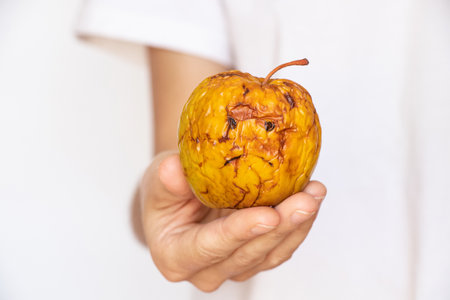 A woman's hand holds an old dry apple that has been stored for a long time, and a sad smile is drawn on the appleの写真素材
