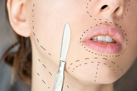 A surgical scalpel near the girl's face and dotted lines are drawn on the face as markings, beauty and fashion, surgical interventionの写真素材