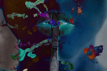 A surgical blade near a girlâs lips and paint stains as a background, photo with overlay effect, beauty and fashion, style and creativity, lips and knifeの写真素材