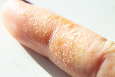 Allergic reaction and rash on finger, skin irritation, dry skin close-up
