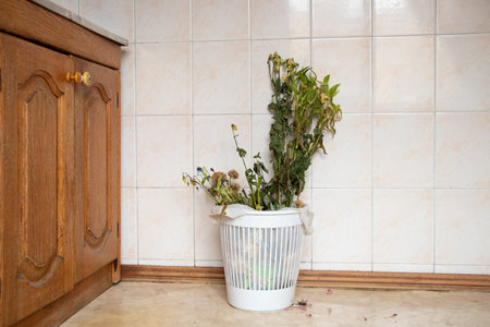 A bouquet of dried flowers lies in a trash can in an apartment on the kitchen floor, throw it in the trash, cleaningの写真素材