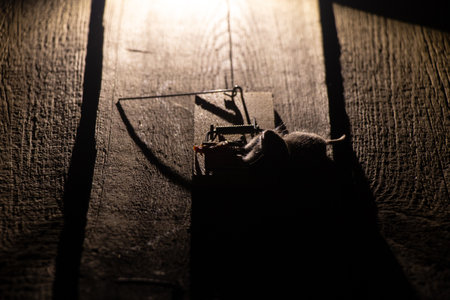 Dead mouse in a mousetrap on the floor at home, mousetrap and mouseの写真素材