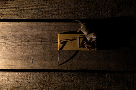 Dead mouse in a mousetrap on the floor at home, mousetrap and mouseの写真素材