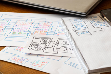 Development and sketches on paper of a custom mobile application on the desktop, graphic design,...