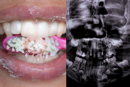Girls mouth, toothpaste and toothbrush in the mouth and x-ray picture of childrens teeth, dentistryの写真素材