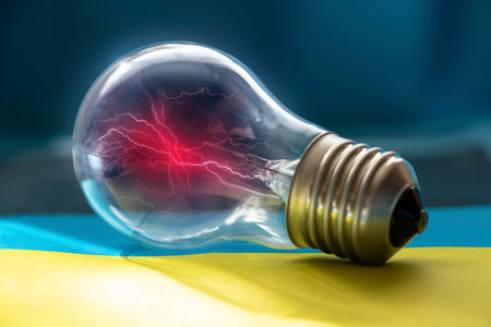 Incandescent lamp and lightning in the lamp lies on the flags of Ukraine, light and electricity,...