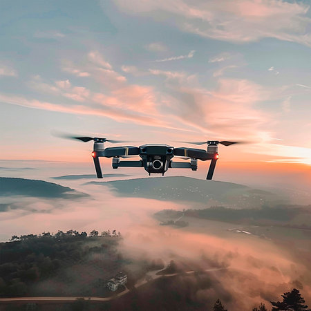 Drone in the sky over the city and mountains, aerial photography and photography, video filming,...