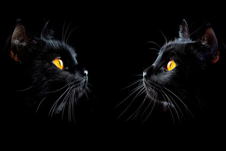 Two black cats with yellow eyes look at each other on a black background, black catの写真素材