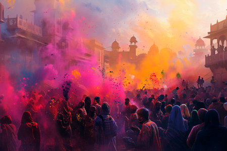 People celebrate Holi color festival in India, Holi illustration. The bright colors of Holi decorate the people and the city, creating a unique image, the Holi festivalの写真素材