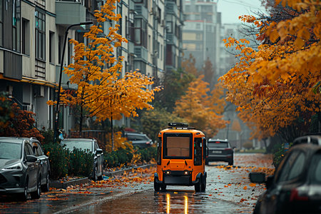 A robotic machine delivers boxes to addresses in the city in the fall, a robotic postal machine, a courier serviceの写真素材