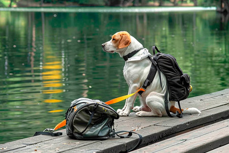 A dog with a backpack and a bag sits on the river bank on a pier, the dog travels, goes on vacation...
