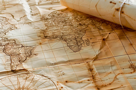 Old maps of the earth lie on the table close-up, cartographyの写真素材