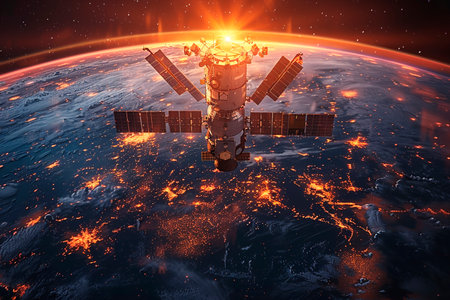 A satellite flies over the earth, a view of the earth from space