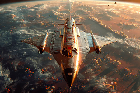 A spaceship flies over the earth, a view of the earth from space