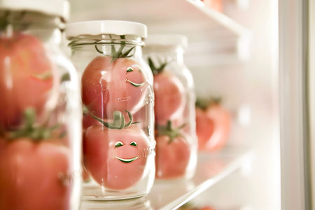 Tomatoes in jars smile on a shelf in the refrigerator, food, fresh vegetablesの写真素材