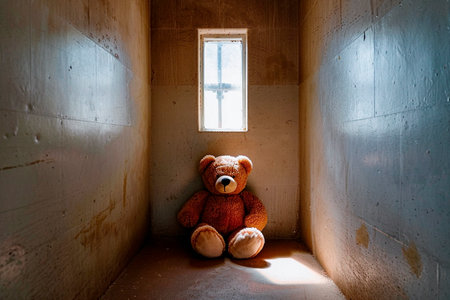 A teddy bear sits alone in the dark in a room with a window, a children's soft toyの写真素材