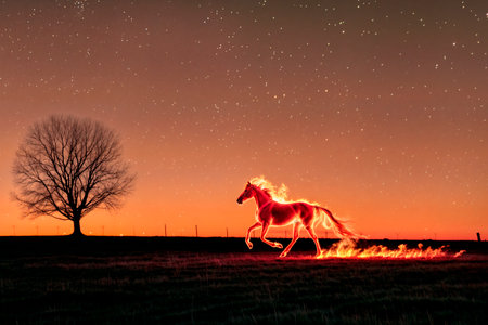 A red fire horse runs across a field at night, symbol of 2026 according to the eastern calendar,...