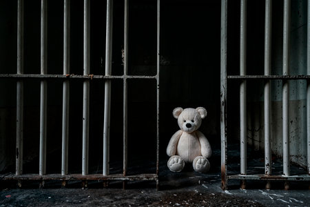 White teddy bear in prison in the dark by himself, fear and lonelinessの写真素材