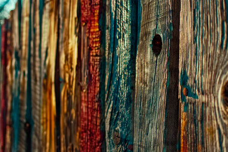 Multi-colored old wooden fence as a weathered background, wooden backgroundの写真素材
