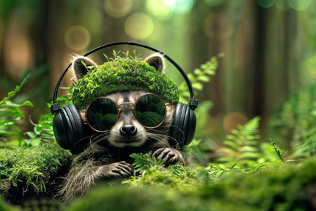 Raccoon in headphones and sunscreen in the forest, the raccoon listens to musicの写真素材