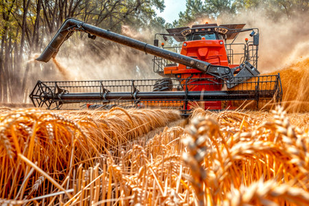 Harvesting wheat on a combine in poly in the fall, farm, work in the field
