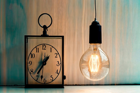 An incandescent lamp shines and a table clock on a shelf, house lightの写真素材