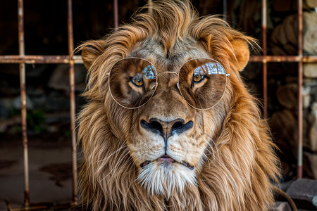 Lion in sunglasses close-up,lion on vacationの写真素材