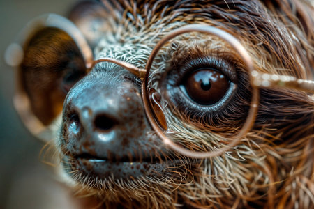 Close-up portrait of a sloth in the forest wearing glasses, animal wearing glasses