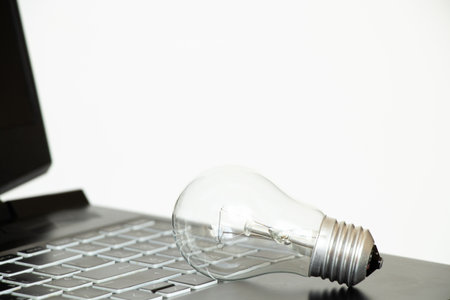 Incandescent light bulb and black laptop on a white background, price of light, electricity