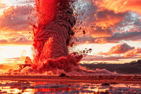 Beautiful colorful volcanic eruption and water at sunset, lava and magma eruption from the volcano