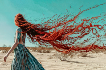 A girl with beautiful long red hair fluttering in the wind walks through the desert under the sun, a...